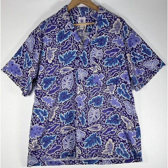 Vintage Meet Me in Maui Hawaiian Camp Shirt Mens Large Purple Blue Leaf Aloha - Picture 1 of 7